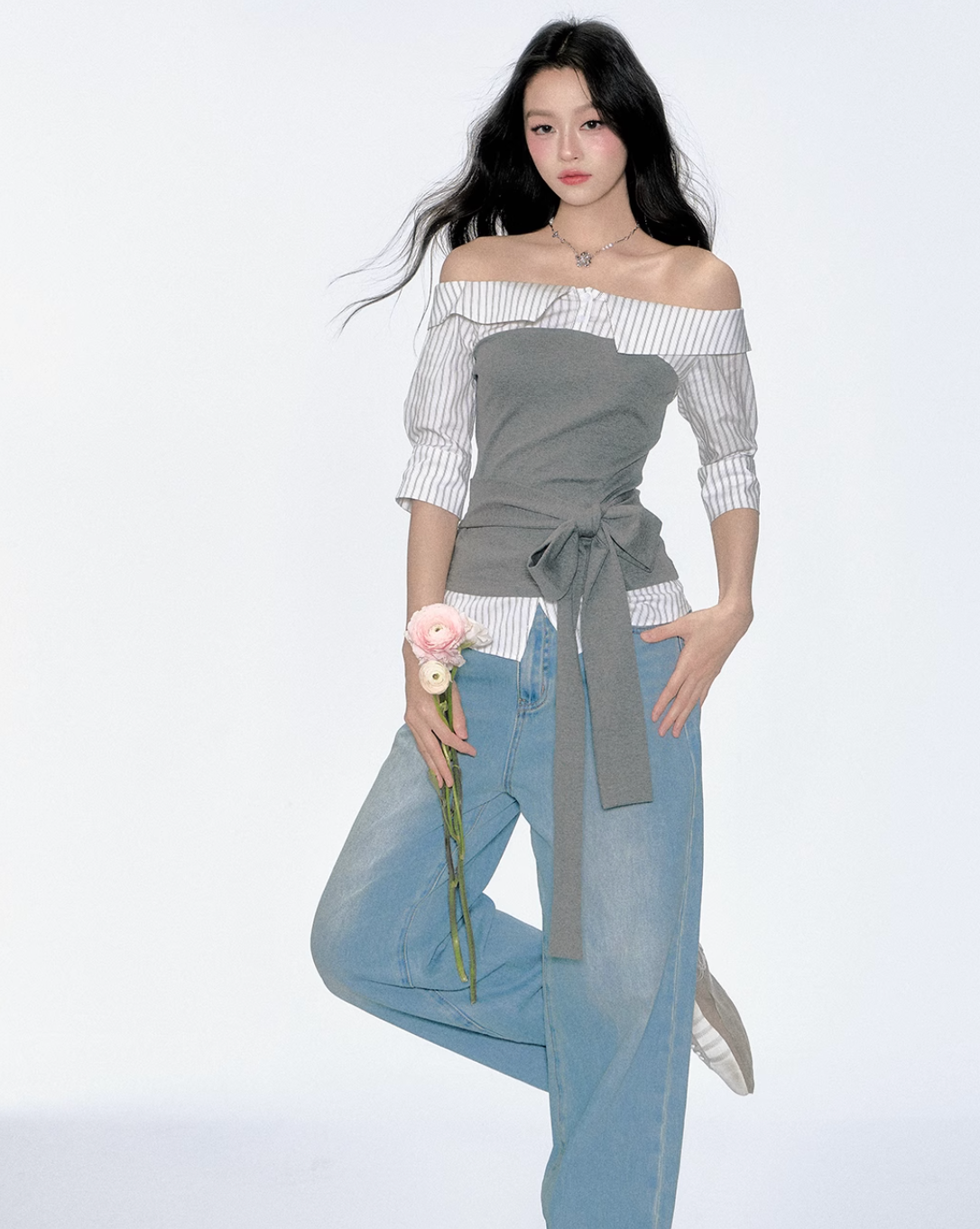 off shoulder stripe gray tops RI1289