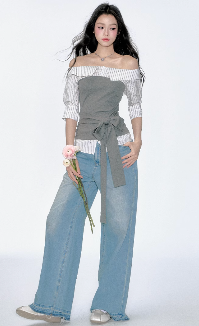 off shoulder stripe gray tops RI1289