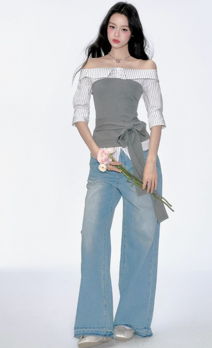 off shoulder stripe gray tops RI1289