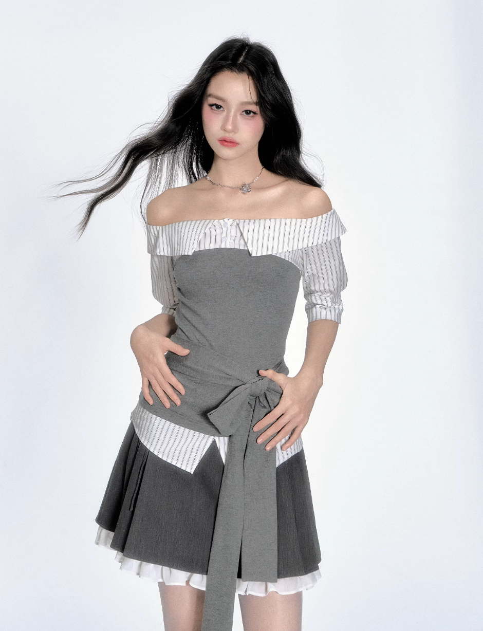 off shoulder stripe gray tops RI1289