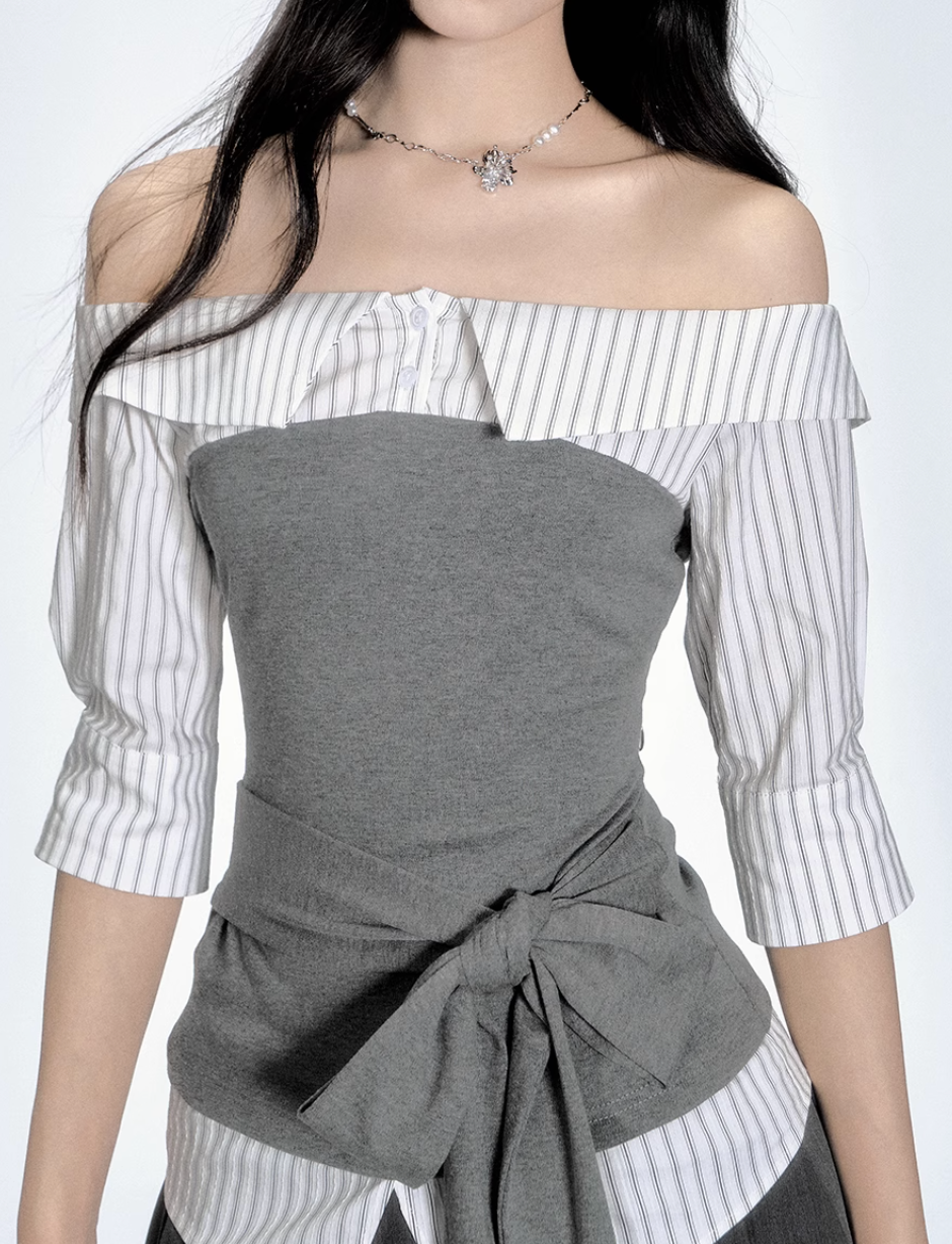 off shoulder stripe gray tops RI1289