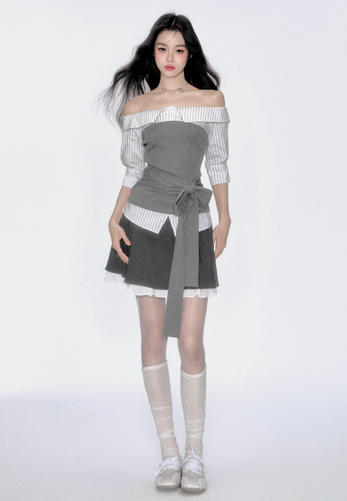 off shoulder stripe gray tops RI1289