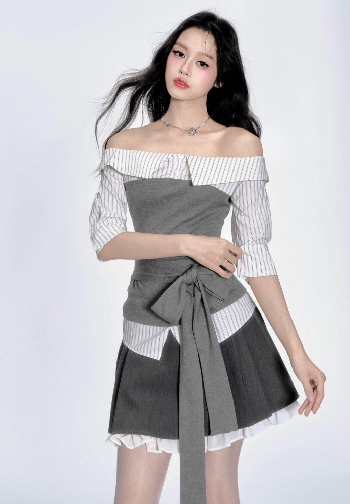 off shoulder stripe gray tops RI1289