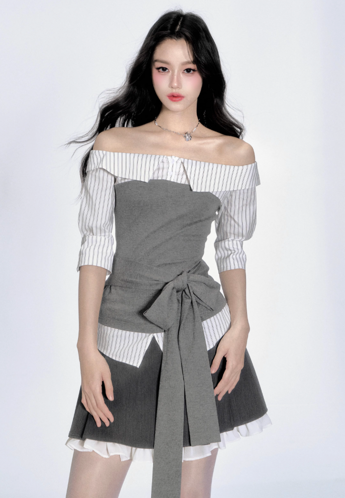 off shoulder stripe gray tops RI1289