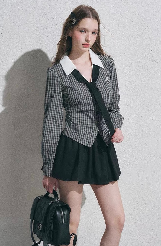 【pre oder】black check point tops & skirt RI1475