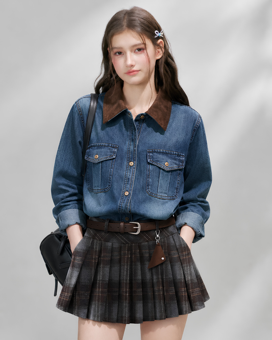 curler brown point denim tops RI1512