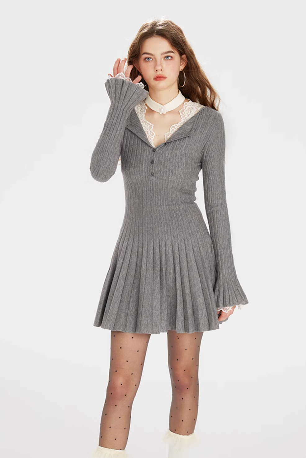 gray pleats trend one-piece RI1050