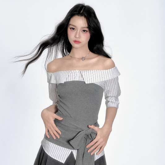 off shoulder stripe gray tops RI1289