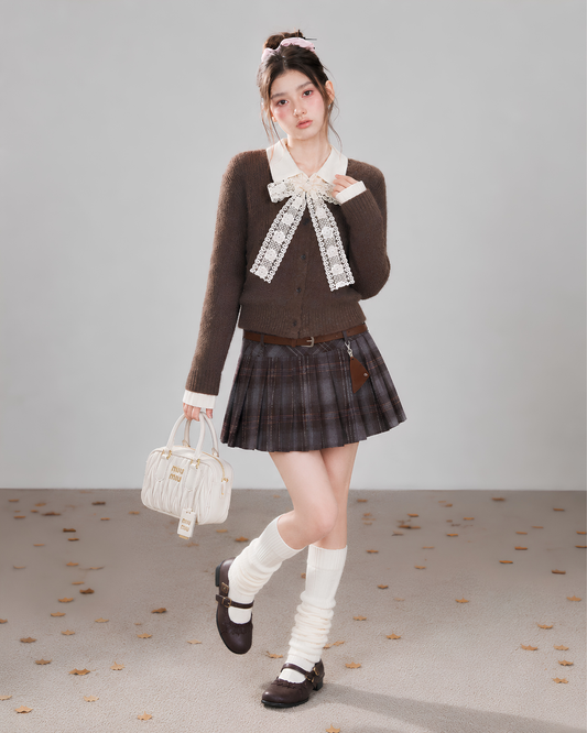 brown lace ribbon tops & skirt RI1507