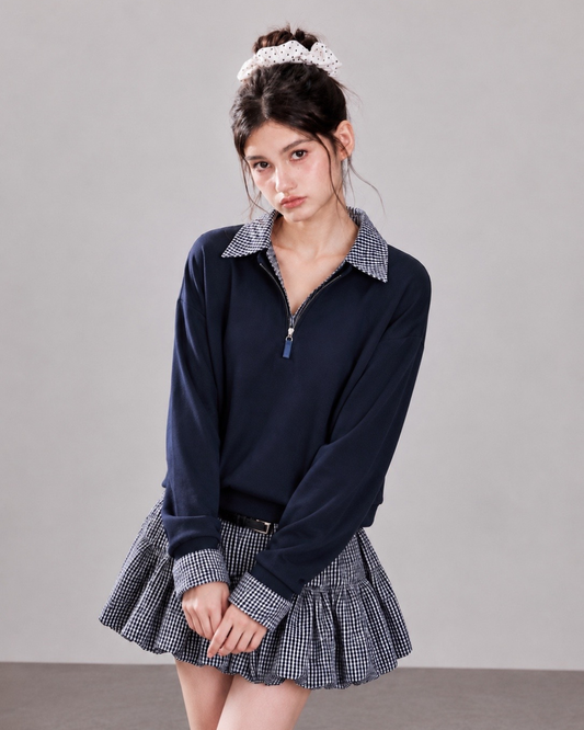 navy casual check point tops RI1518