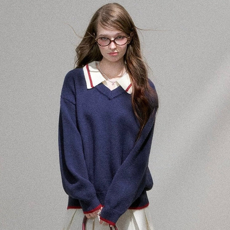 line neck navy Knit RI1367